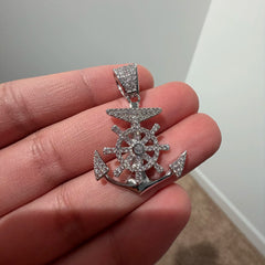 Iced Out Anchor Ship Wheel Pendant, Solid 925 Sterling Silver VVS CZ Diamond Nautical Necklace, 22 Inch Rope Chain