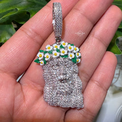14k White Gold Plated Jesus Daisy Crown Iced Pendant