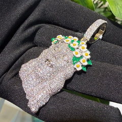 14k White Gold Plated Jesus Daisy Crown Iced Pendant