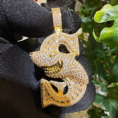 Iced Shark Pendant Necklace | 14K Gold Plated CZ Diamond Baguette Hip Hop Chain | S Initial Letter Jewelry Gift