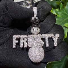 Iced Snowman Pendant 14K White Gold Plated | Custom CZ Diamond Hip Hop Chain | Frosty Drip Jewelry Free Rope Chain