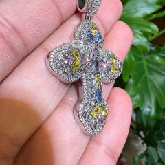 MultiColor Cross Pendant 14k White Gold Plated + Steel Rope Chain