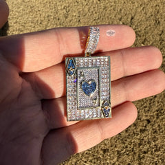 Ace of Hearts Card Pendant | 14K Gold Plated Blue Heart CZ Playing Card Necklace, Iced Out Hip Hop Pendant with Free Rope Chain