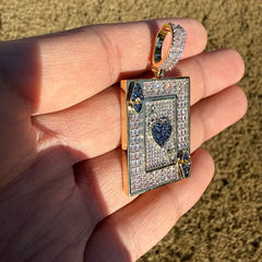 Ace of Hearts Card Pendant | 14K Gold Plated Blue Heart CZ Playing Card Necklace, Iced Out Hip Hop Pendant with Free Rope Chain
