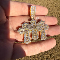 Triple Cross Baguette Iced Pendant 14K Gold Finish