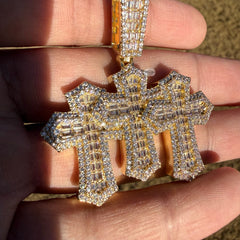 Triple Cross Baguette Iced Pendant 14K Gold Finish