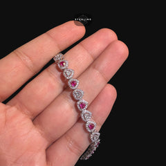 Pink Silver Heart Bracelet, 14K White Gold Plated CZ Tennis Bracelet, 7mm Iced Out Gift for Her
