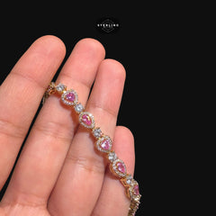 Pink Heart Teardrop Bracelet, 14K Gold Plated CZ Tennis Bracelet, 7mm Iced Out Gift for Her