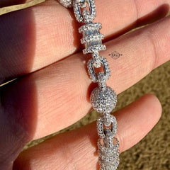 Men’s 925 Sterling Silver Iced Out Snowball CZ Bracelet 8mm 8 Inch, Moon Cut Baguette Link Hip Hop Jewelry Gift