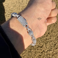 Men’s 925 Sterling Silver Iced Out Snowball CZ Bracelet 8mm 8 Inch, Moon Cut Baguette Link Hip Hop Jewelry Gift