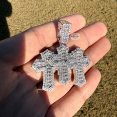 Triple Cross Baguette Iced Pendant 14K White Gold Finish