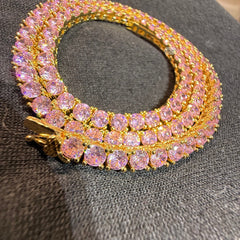 4mm Pink Iced Tennis Chain, 14K Rose Gold Finish