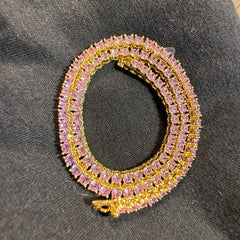 4mm Pink Iced Tennis Chain, 14K Rose Gold Finish