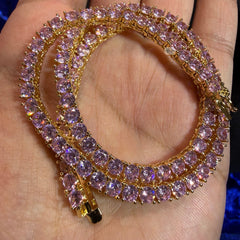 4mm Pink Iced Tennis Chain, 14K Rose Gold Finish