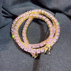 4mm Pink Iced Tennis Chain, 14K Rose Gold Finish