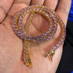 4mm Pink Iced Tennis Chain, 14K Rose Gold Finish