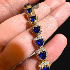 Blue Sapphire Heart Bracelet, 14K Gold Plated CZ Tennis Bracelet, 7mm Iced Out Gift for Her