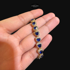 Blue Sapphire Heart Bracelet, 14K Gold Plated CZ Tennis Bracelet, 7mm Iced Out Gift for Her