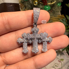 Triple Cross 14K White Gold Plated Iced Pendant