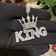 King Iced Pendant - 14k White Gold Plated