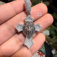 Lion Cross Iced Out Pendant 14k White Gold Plated