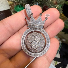 Spinning Soccer King Pendant Iced 14k White Gold Plated