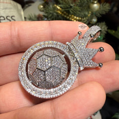 Spinning Soccer King Pendant Iced 14k White Gold Plated