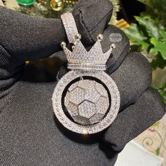 Spinning Soccer King Pendant Iced 14k White Gold Plated