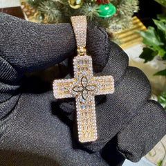Flower Cross Iced 14K Gold Plated Pendant