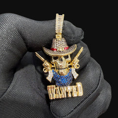 14k Gold Plated Iced Out Skull Cowboy Pendant