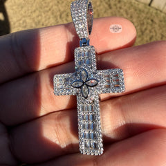 Flower Cross Iced 14K White Gold Plated Pendant