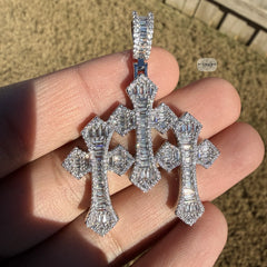 Triple Cross Baguette 14k White Plated Iced CZ Pendant