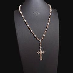 Rose Gold Two Tone Moissanite Rosary Necklace, Iced Out Snowball Bead Jesus Crucifix, 925 Sterling Silver, 22 Inch