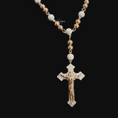 Rose Gold Two Tone Moissanite Rosary Necklace, Iced Out Snowball Bead Jesus Crucifix, 925 Sterling Silver, 22 Inch
