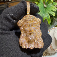Gold Iced Out Jesus Face Pendant 14k Gold Plated + AntiTarnish Rope Chain