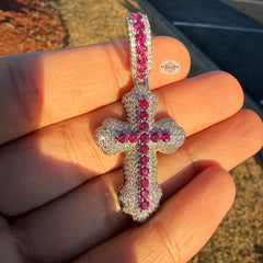 Pink Iced Out Cross Pendant | 14K White Gold Plated Pink CZ Christian Cross Necklace Hip Hop Pendant with Free Rope Chain