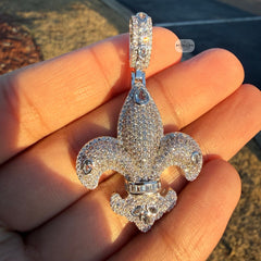Fleur De Lis 14K White Gold Plated Iced Out Pendant