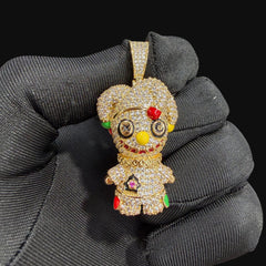 14K Gold Iced Out Voodoo Bear Pendant | CZ Diamond Hip Hop Necklace | Stitched Doll Bling Charm with Free 22β24" Chain
