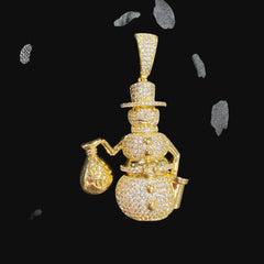14K Gold Iced Out Snowman Pendant | CZ Diamond Hip Hop Necklace | Money Bag Bling Charm