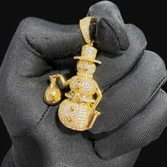 14K Gold Iced Out Snowman Pendant | CZ Diamond Hip Hop Necklace | Money Bag Bling Charm