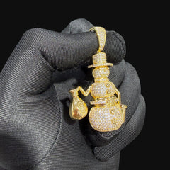 14K Gold Iced Out Snowman Pendant | CZ Diamond Hip Hop Necklace | Money Bag Bling Charm