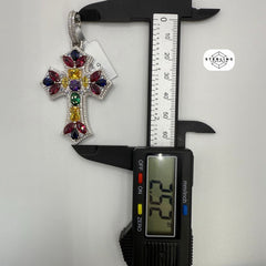 Moissanite Cross Pendant 925 Sterling Silver, Multicolor CZ Gemstone Accent Religious Pendant, Rhodium Plated Iced Out Cross with Free Chain
