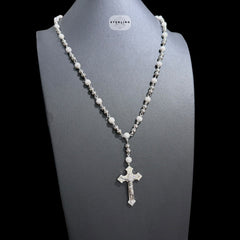 Moissanite Rosary Necklace, Iced Out Snowball Bead Jesus Crucifix, 925 Sterling Silver, 22 Inch