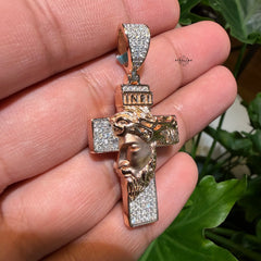 Rose Gold Moissanite Jesus Cross Pendant, Iced Out 925 Sterling Silver Hip Hop Necklace w 24" Chain