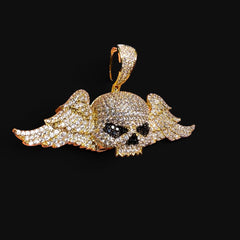 14K Gold Iced Out Winged Skull Pendant | CZ Diamond Hip Hop Gothic Necklace with Free Chain