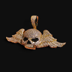 14K Gold Iced Out Winged Skull Pendant | CZ Diamond Hip Hop Gothic Necklace with Free Chain