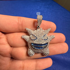 Iced Out Spiky Monster Pendant | 14K White Gold Plated Cartoon Monster Necklace, CZ Hip Hop Pendant with Free Rope Chain
