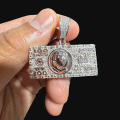 Moissanite $100 Benjamin Franklin Money Pendant, Iced Out Dollar Bill Necklace, 925 Silver Hip Hop