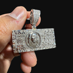 Moissanite $100 Benjamin Franklin Money Pendant, Iced Out Dollar Bill Necklace, 925 Silver Hip Hop