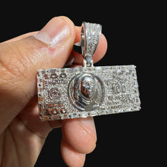 Moissanite $100 Benjamin Franklin Money Pendant, Iced Out Dollar Bill Necklace, 925 Silver Hip Hop
